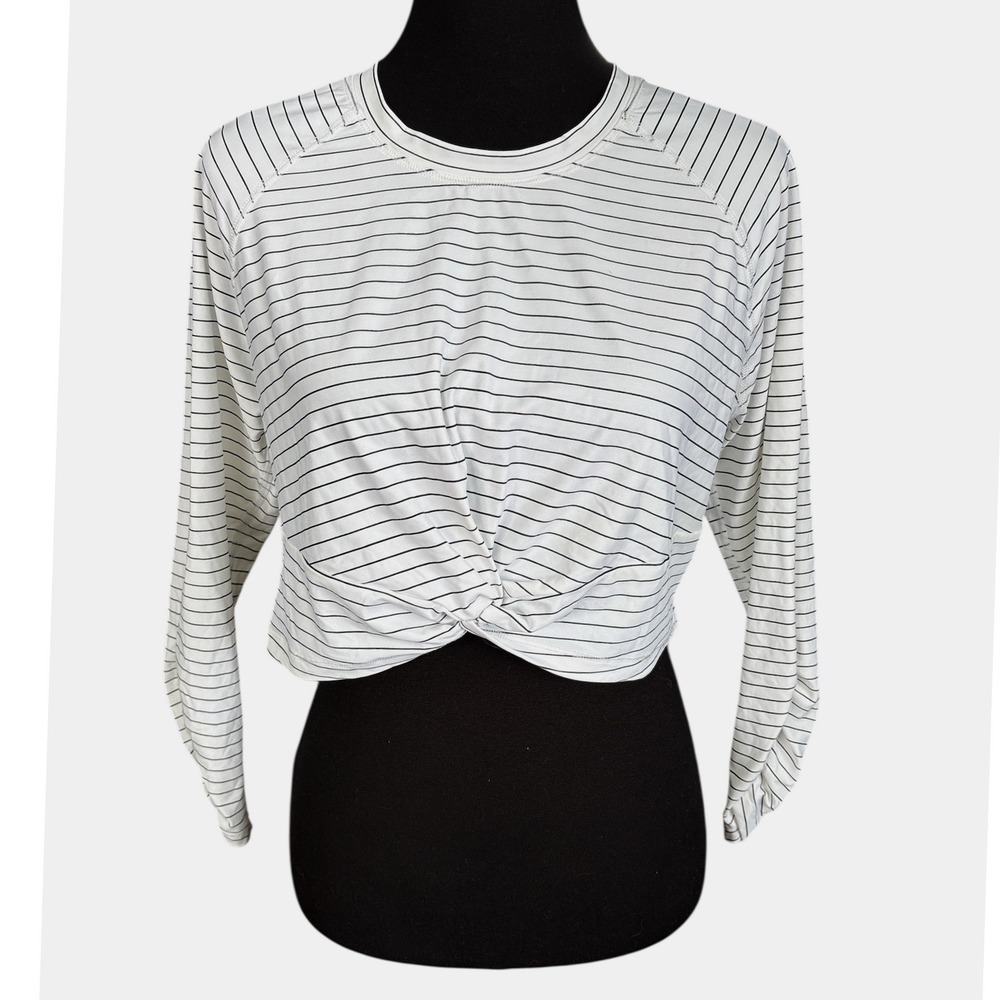 Calia Long Sleeve Ruched Rash Guard, White With Black Stripes & Twist Front, XL